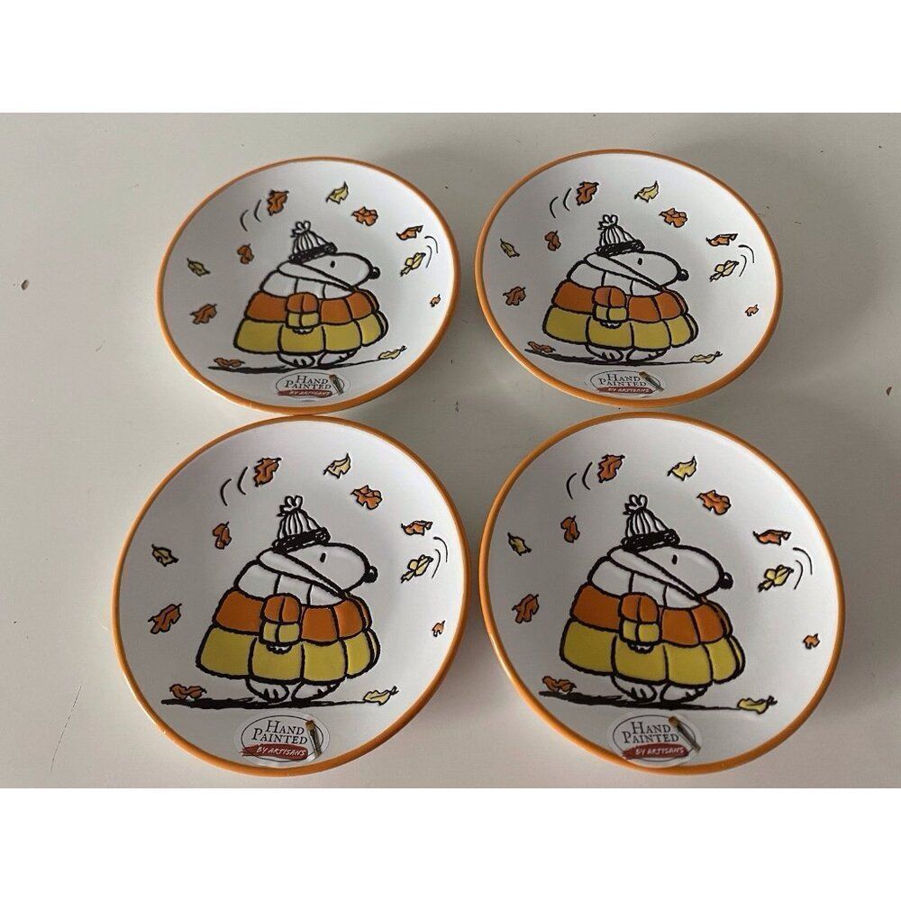 Set Of 4 Peanuts Snoopy Candy Corn Puffer Jacket Halloween 6" Appetizer Plates